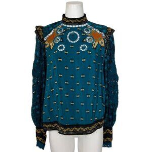 Farm Rio Blue Ainika Chill Long Sleeve Blouse Top S Floral Ruffles Oversized